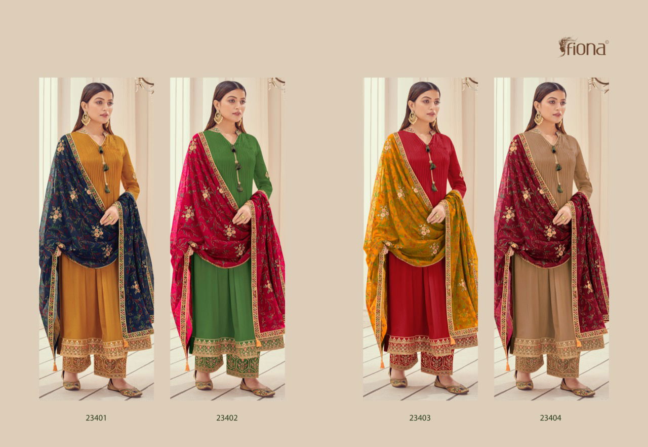 Fiona Zardosh Heavy Occasion Wear Chinnon full flair with pletting Border Embroidery Salwar Kameez Collection
